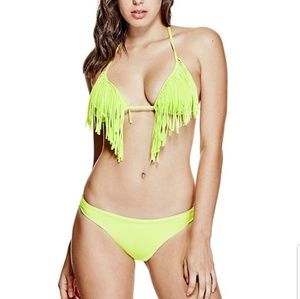 NWOT! Guess Lime Green Fringe triangle top Bikini Set size S Swimwear